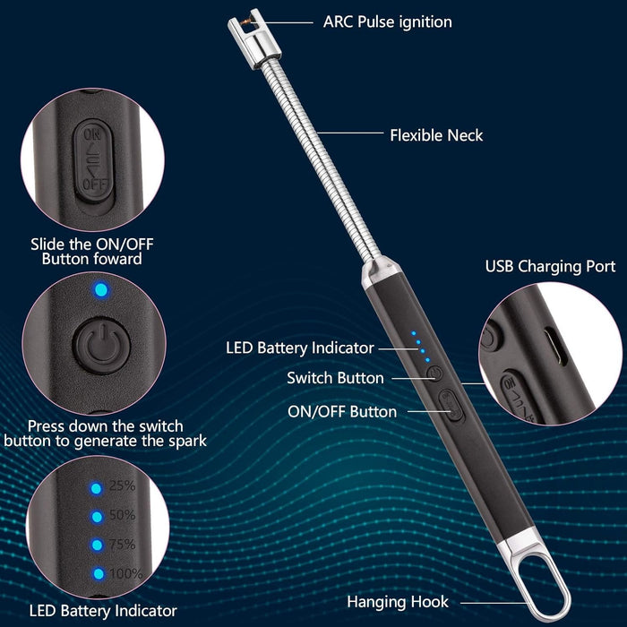 Rechargeable USB Arc Lighter – Windproof, Flexible Neck with LED Display - PindiPop