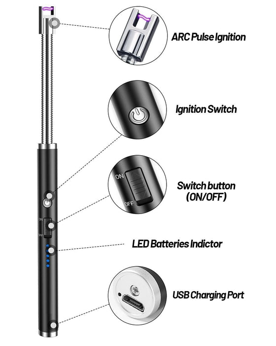 Rechargeable USB Arc Lighter – Windproof, Flexible Neck with LED Display - PindiPop