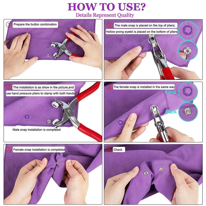 Metal Snap Buttons with Fastener Pliers Press Tool Kit Perfect for DIY Crafts Clothes Hats and Sewing, Snap Button Fasteners Kit for Clothing Sewing Set of 1. - PindiPop